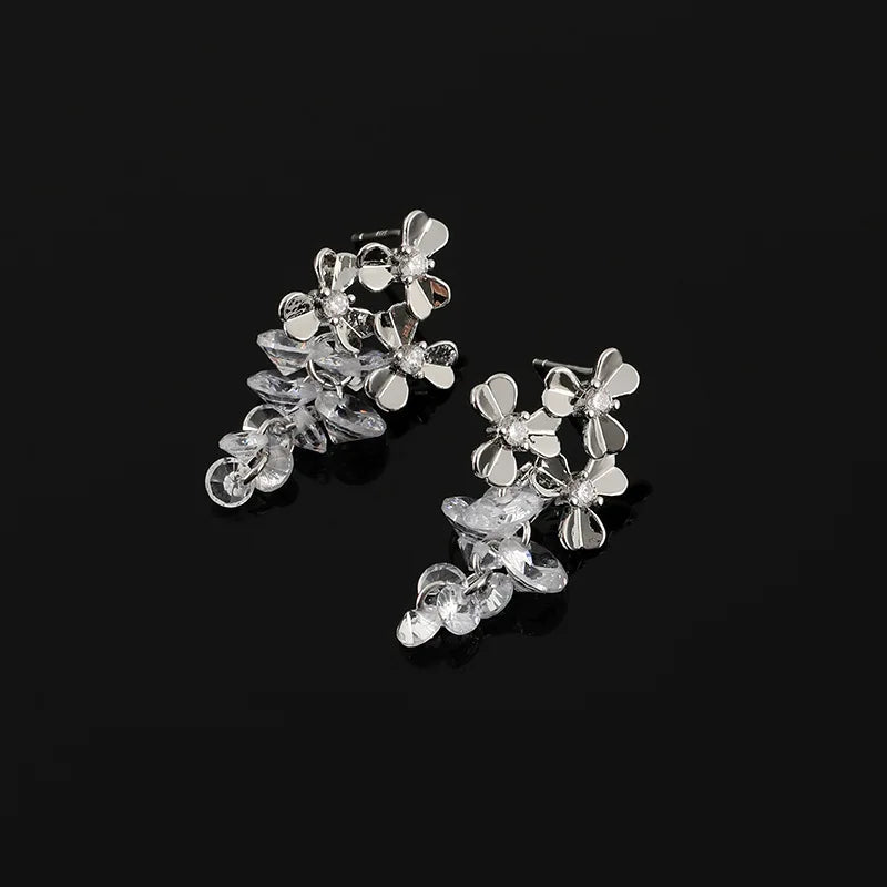 Elegant Zircon Crystal Grape Cluster Floral Tassel Stud & Clip On No Piercing Drop Earrings