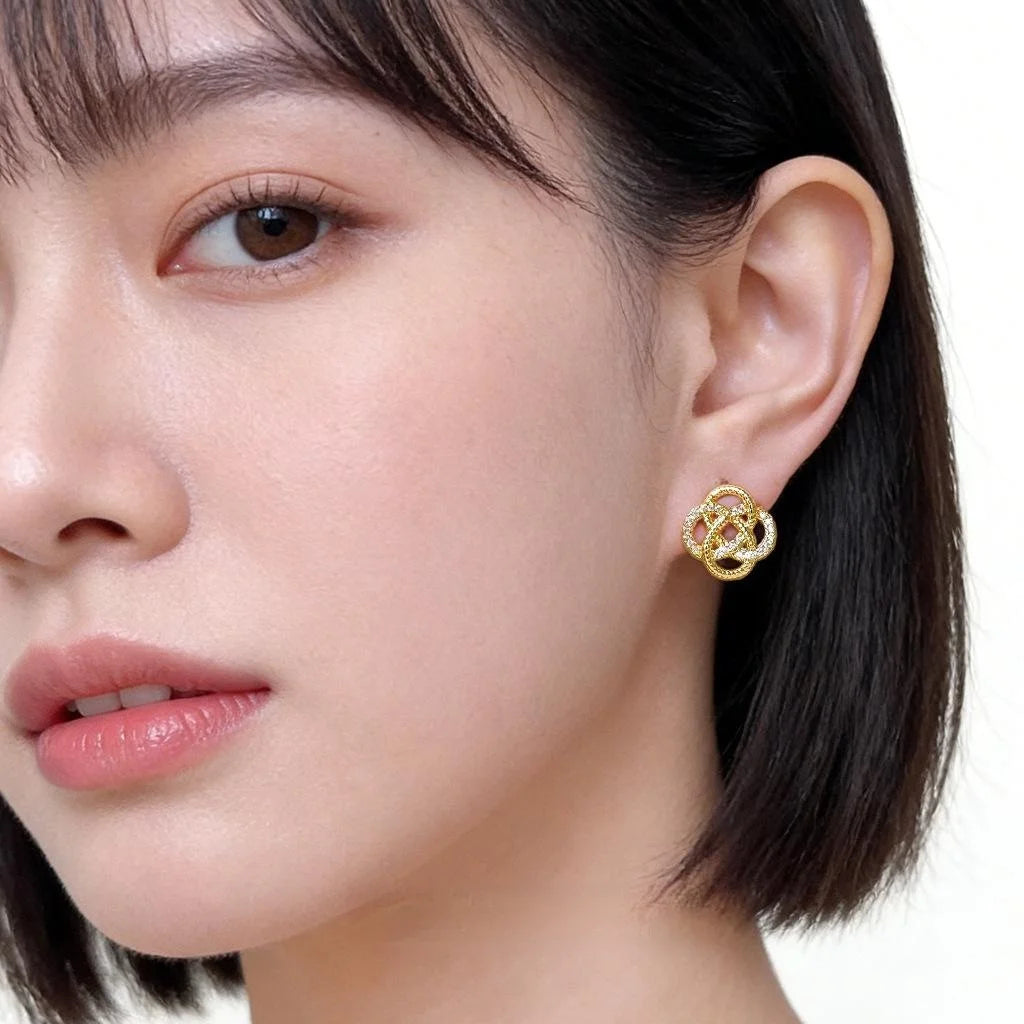 Light Luxury Geometric Floral Auspicious Knot Zircon Copper Stud Earrings