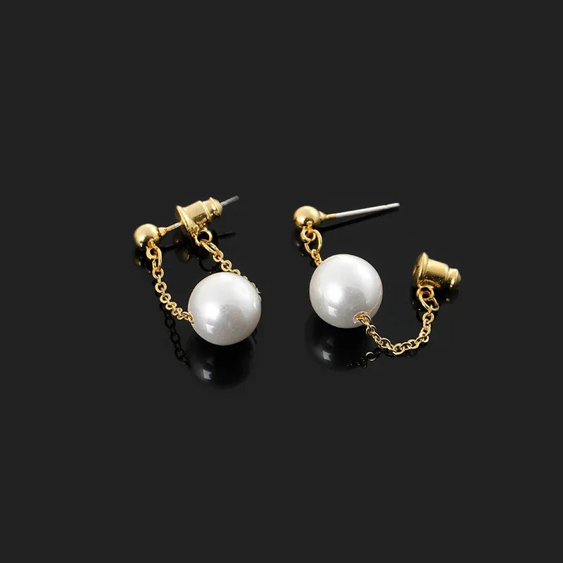 Elegant Spiral Coil Pearl Chain Drop Stud & Clip On No Piercing Gold Alloy Minimalist Earrings