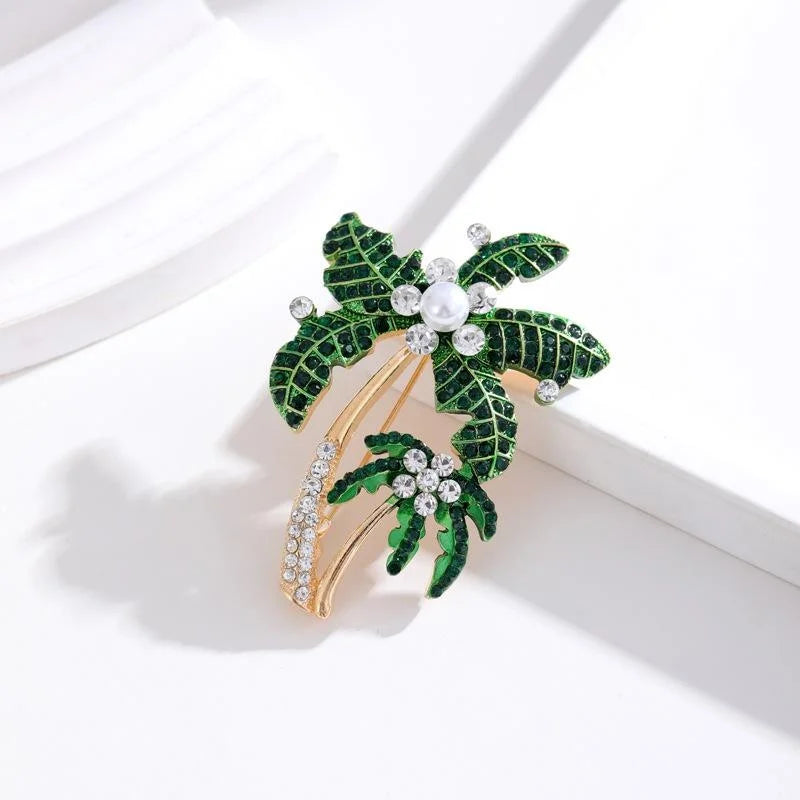 Elegant Green Enamel Coconut Palm Tree Brooch With Rhinestone Pearl, Tropical Lapel Pin Gift