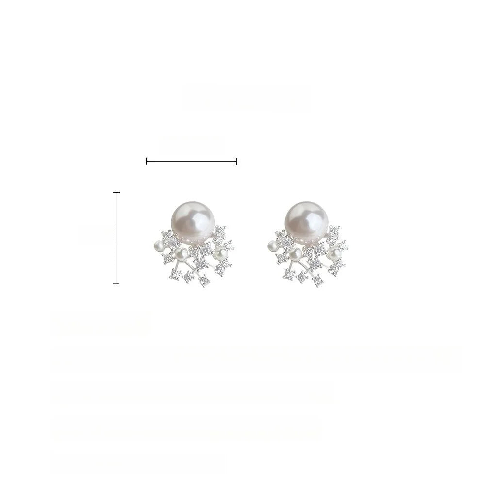 Light Luxury Copper Pearl Flower Geometric Zircon Pave Stud Earrings