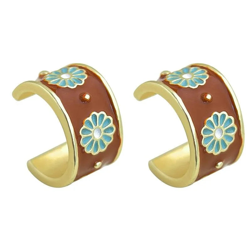 Vintage French Brown Enamel Glazed Geometric Round Copper Stud Earrings