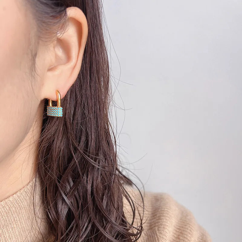 Elegant Luxury Turquoise Pave Padlock Hoop Alloy Stud & Clip On No Piercing Screw Back Earrings