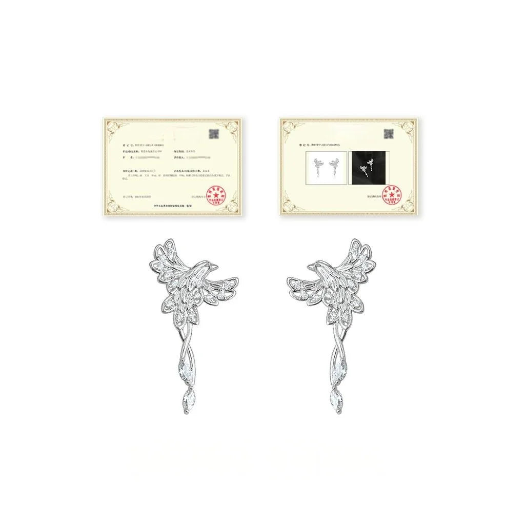 Light Luxury Zircon Phoenix Bird Drop Earrings Silver Plated Micro Pave Animal Jewelry