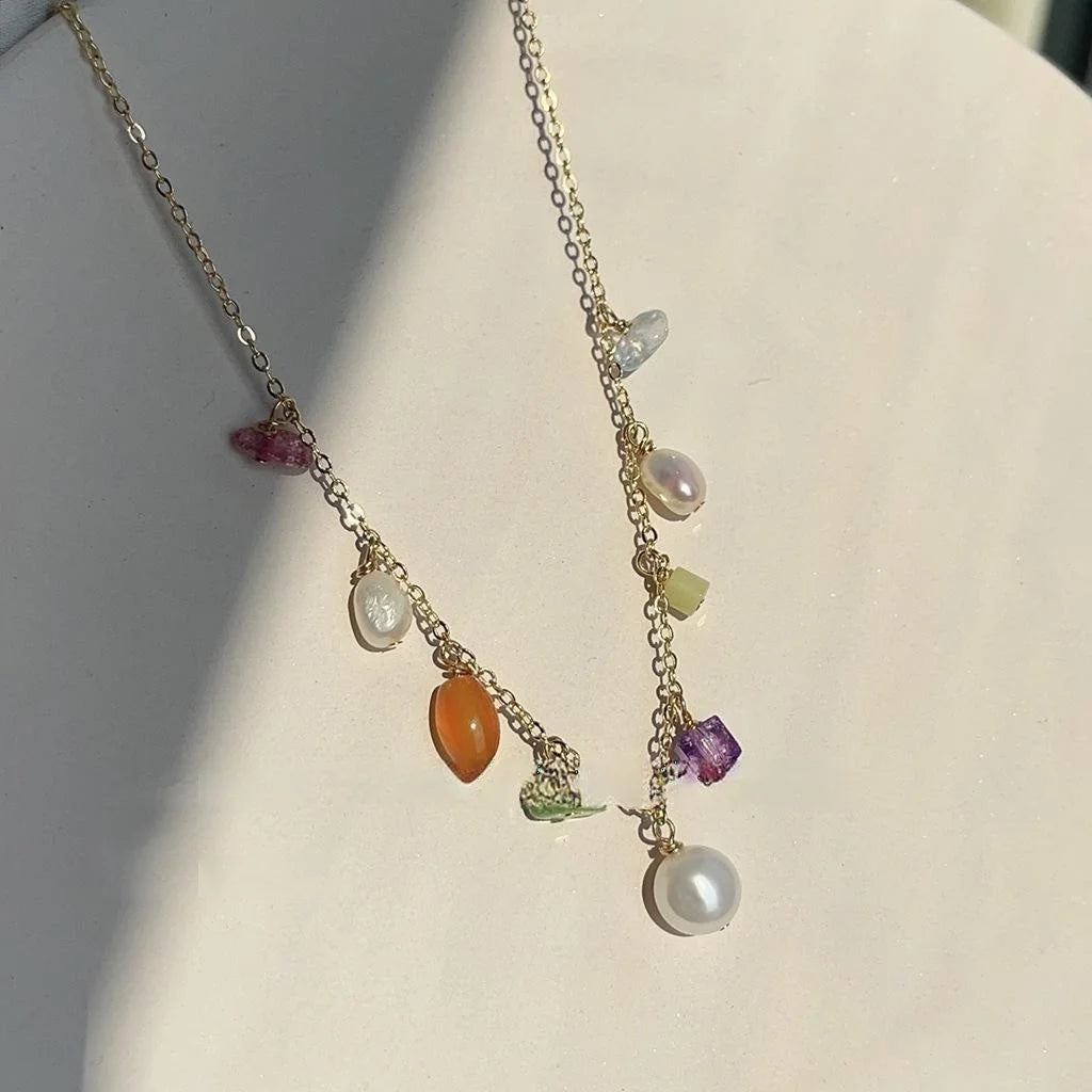 Original Design Handmade Sweet Summer Irregular Stone Chip And Freshwater Pearl Geometric Choker Necklace For Women