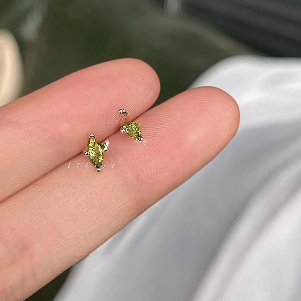 Olive Green Marquise Zircon Copper Stud Earrings Simple Geometric Line Jewelry