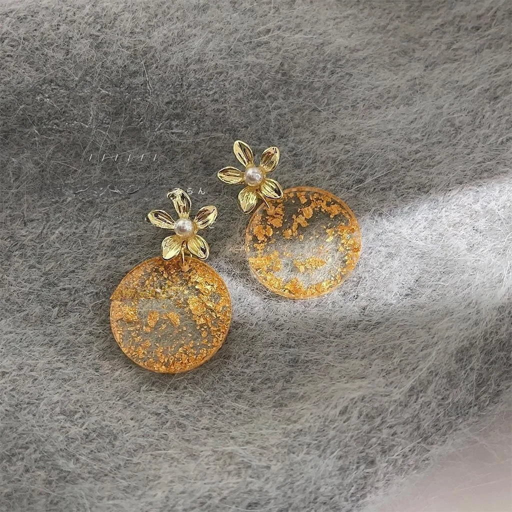Original Design Copper Gold Foil 3D Peach Blossom Pearl Drop Earrings For Women