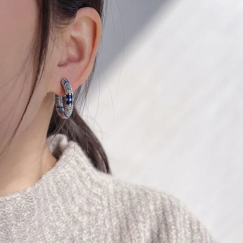 Vintage Blue Enamel Rhinestone Spiral Hoop Stud & Clip On No Piercing Luxury Statement Earrings
