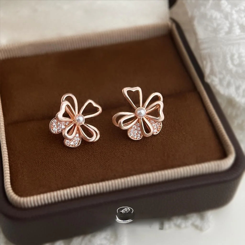 Light Luxury Micro Pave Zircon Rose Gold Hibiscus Flower Copper Stud Earrings for Women