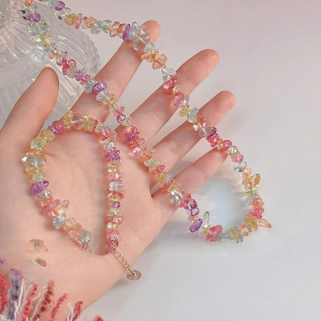 Handmade Colorful Glass Crystal Chip Choker Necklace Sweet Summer Geometric Round Bead Collar
