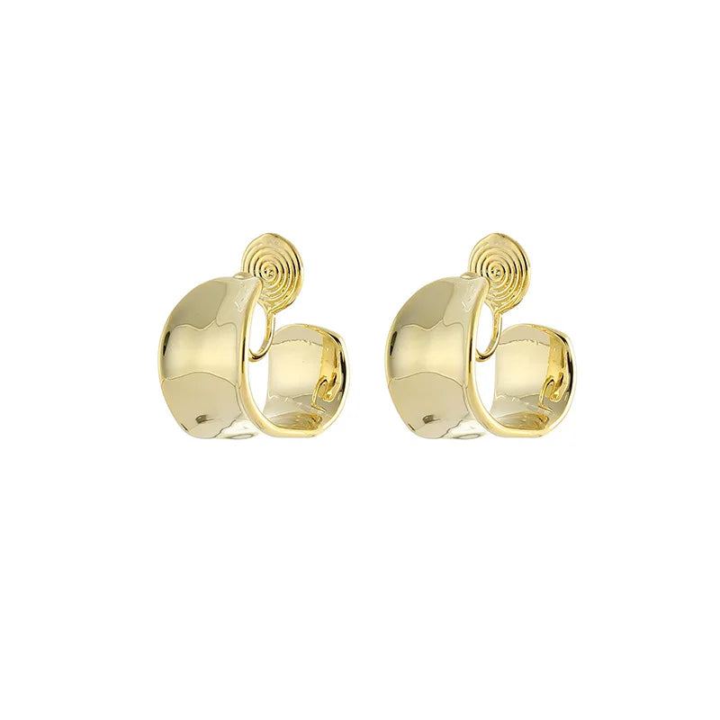 Elegant Gold Alloy Spiral Disc Wide Hoop Cuff Stud & Clip On No Piercing Women's Fashion Earrings