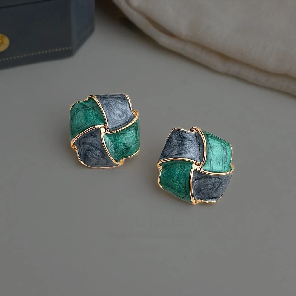 French Vintage Geometric Square Copper Stud Earrings With 14K Plated Enamel Design