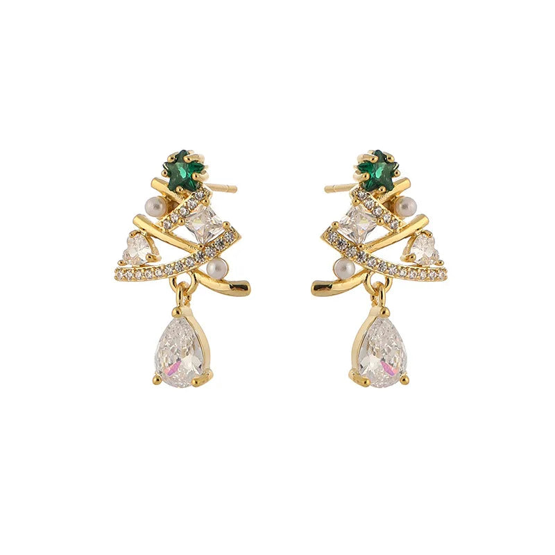 Luxury Gold Alloy Green Zircon Christmas Tree Pearl Waterdrop Stud & Clip On No Piercing Earrings