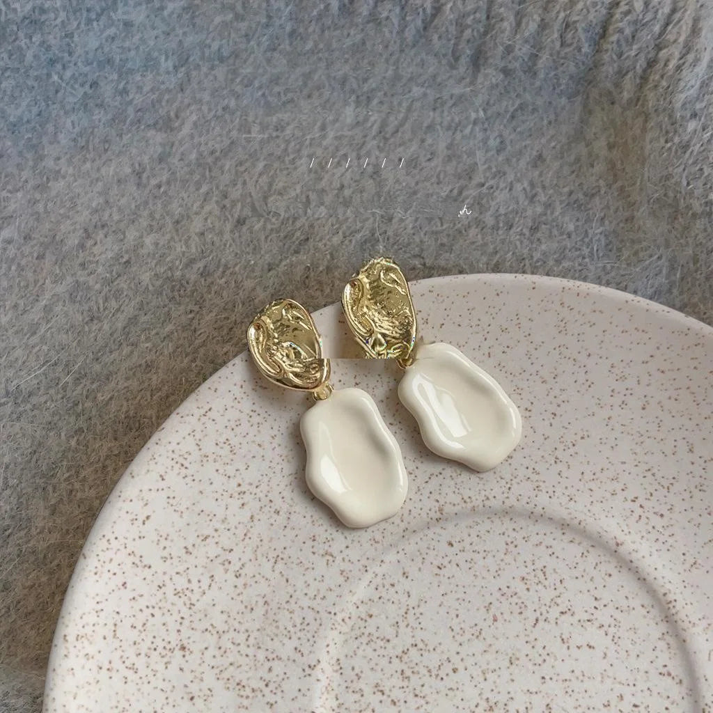 French Milky White Enamel 14K Plated Metal Irregular Geometric Minimalist Drop Earrings