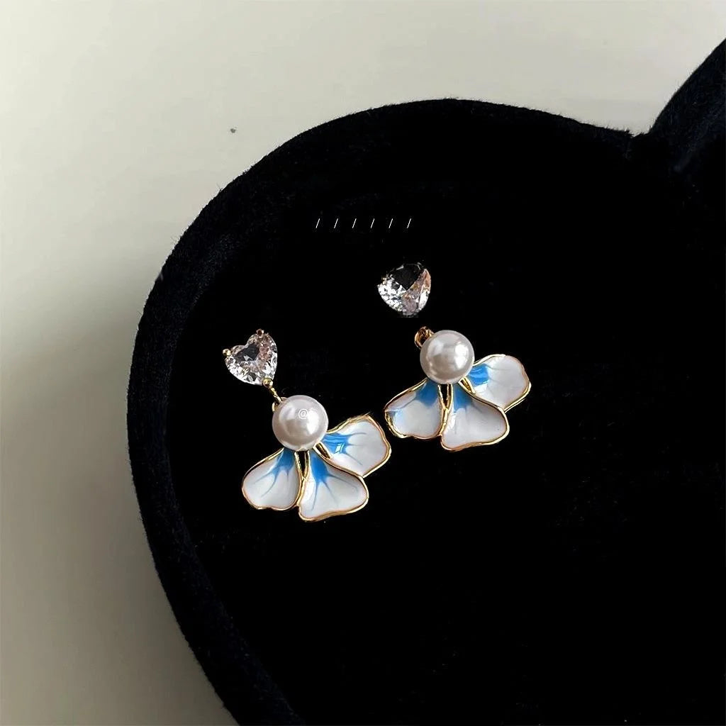 14K Plated Iris Flower Drop Earrings With Micro Pave Zircon And Glass Pearl Sweet Floral Jewelry