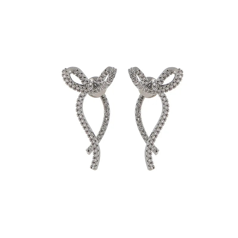 Elegant Zircon Rhinestone Bowknot Swirl Drop Stud & Clip On No Piercing Back Hanging Earrings