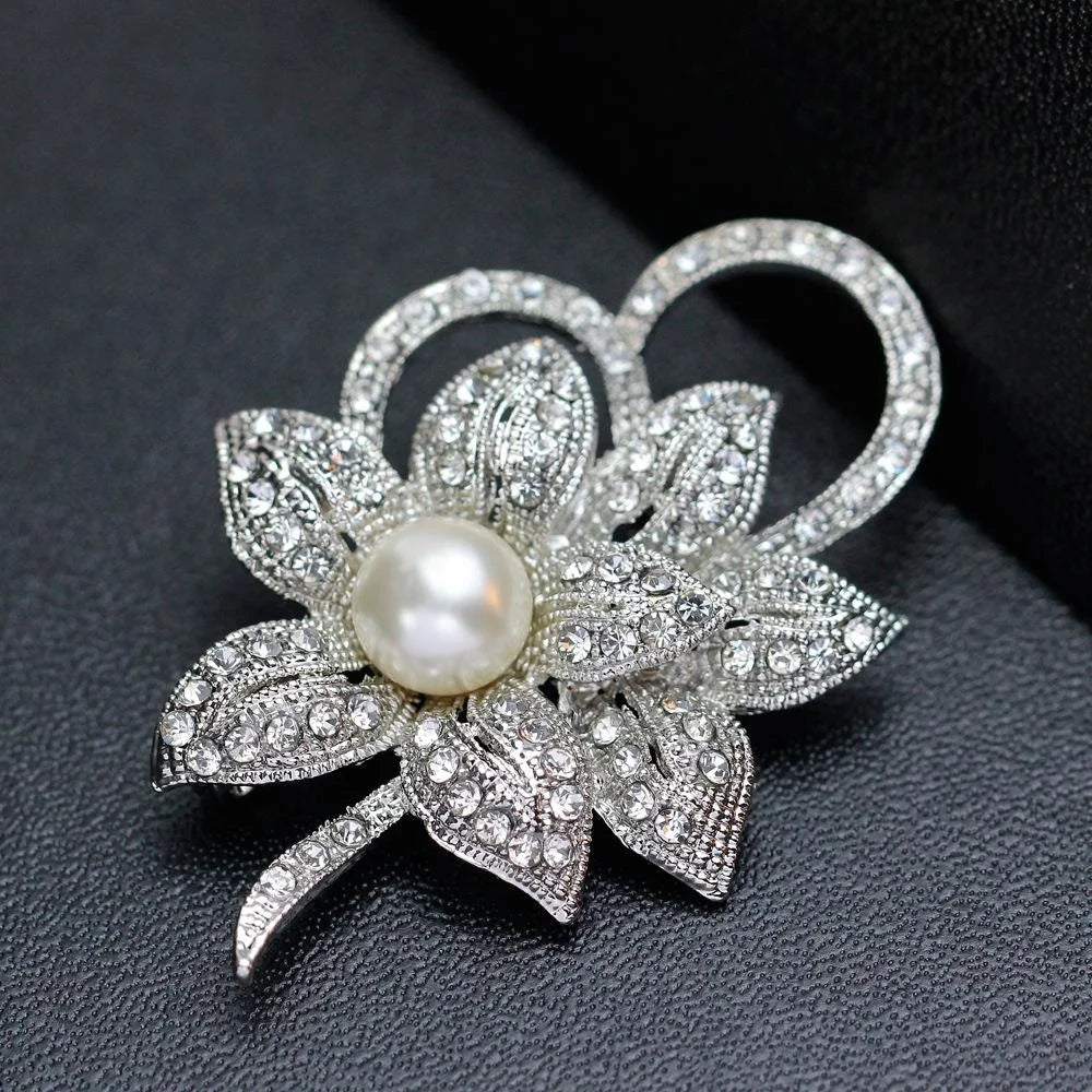 Elegant Rhinestone Pearl Flower Alloy Brooch For Women, Luxury Lapel Pin Corsage Suit Accessory Gift