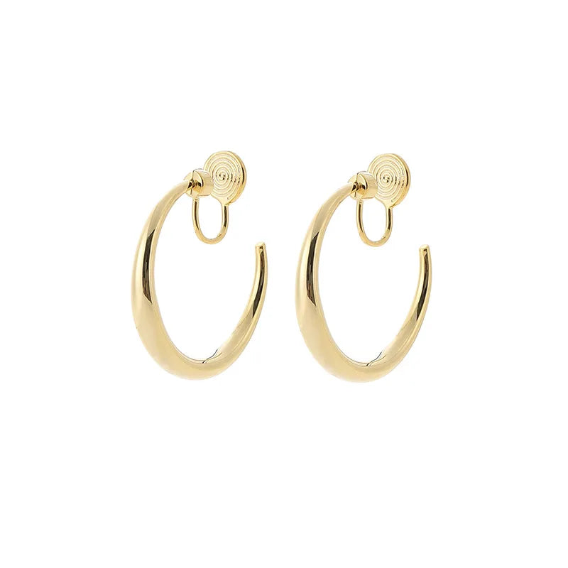 Elegant Gold Alloy Spiral Disc C Hoop Stud & Clip On No Piercing Minimalist Rotating Hoop Earrings