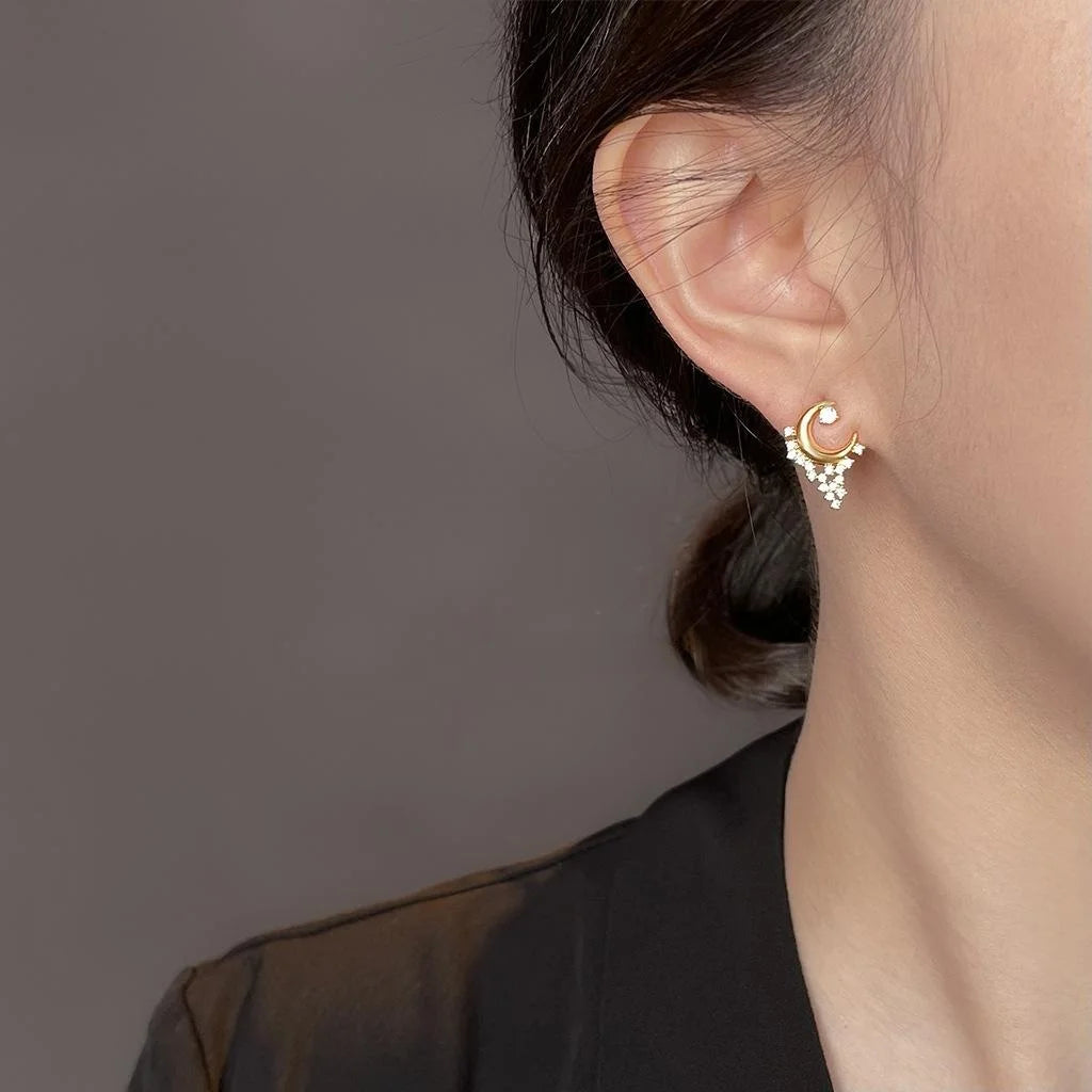 14K Plated Copper Moon Star Micro Pave Zircon Stud Earrings For Women