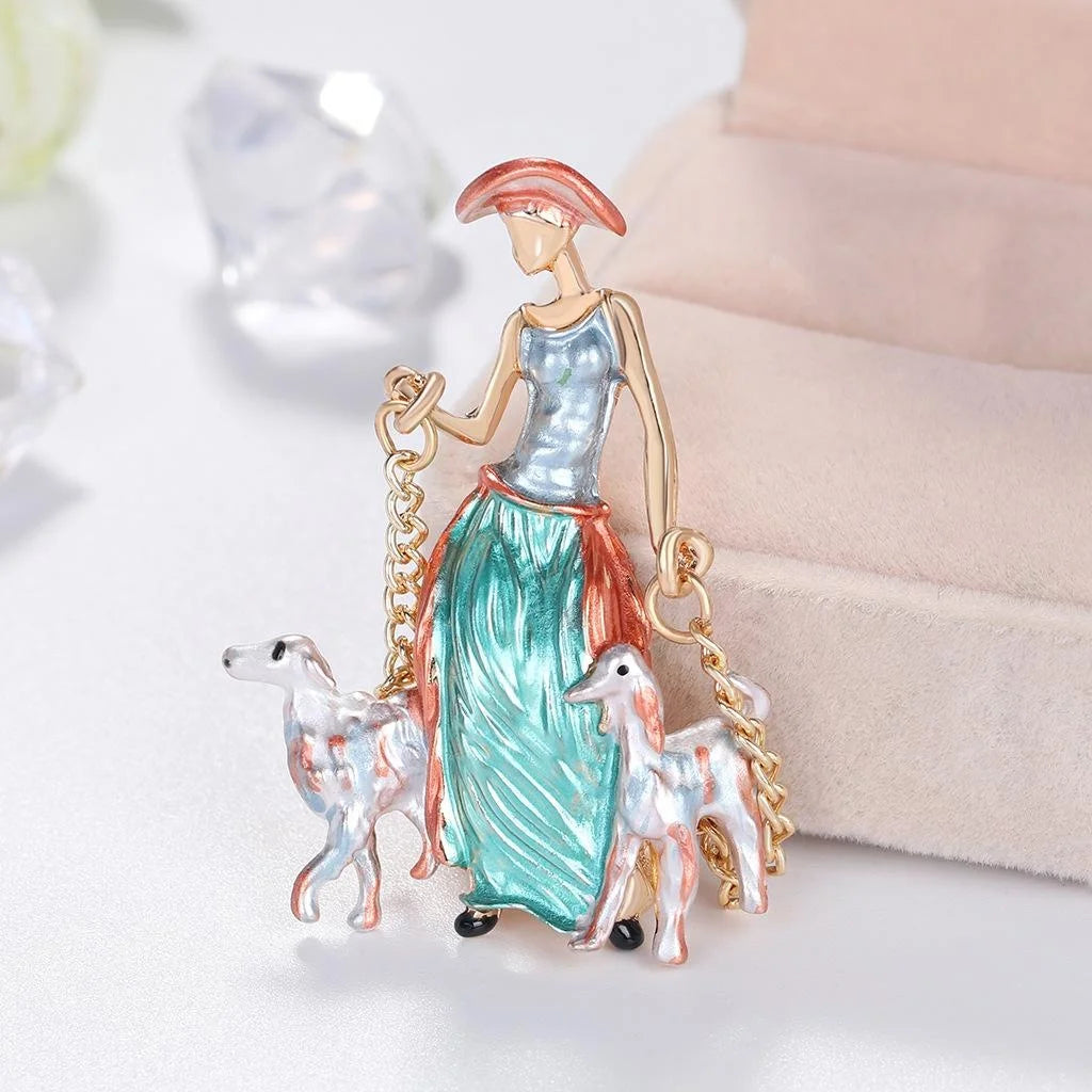 Elegant Enamel Alloy Lady Walking Dogs Brooch, Cute Painted Girl Lapel Pin Corsage Suit Accessory Gift