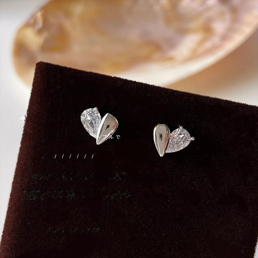 Mini Heart Zircon Stud Earrings With Copper Setting Elegant Casual Style