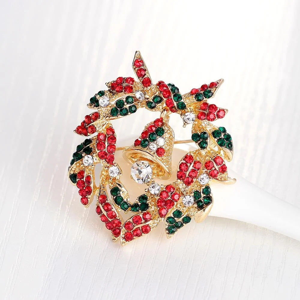 Elegant Christmas Wreath Bell Rhinestone Alloy Brooch, Festive Corsage Lapel Pin Suit Accessory Gift