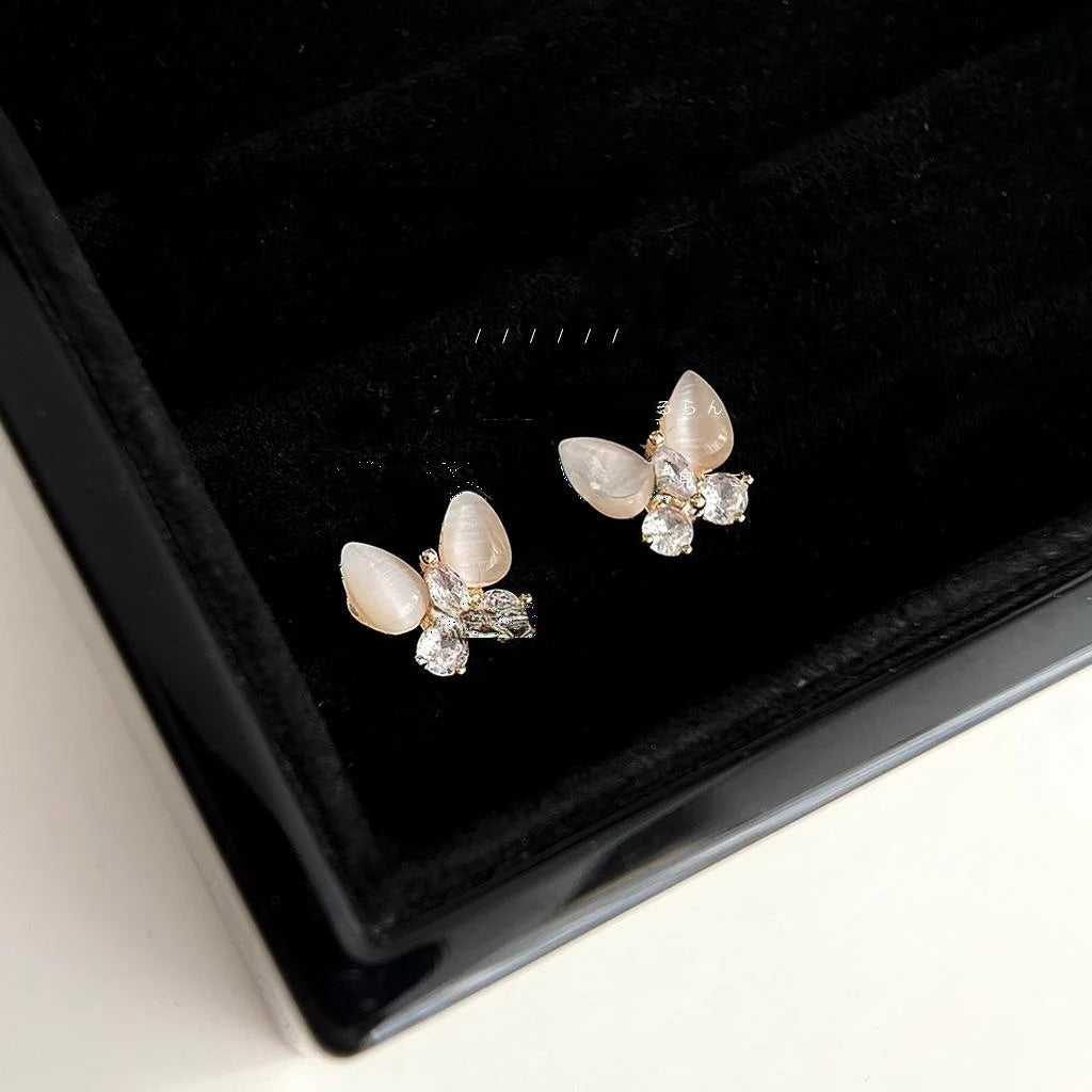14K Plated Copper Butterfly Stud Earrings With Glass Cat Eye Stone And Micro Pave Zircon Minimalist Sweet