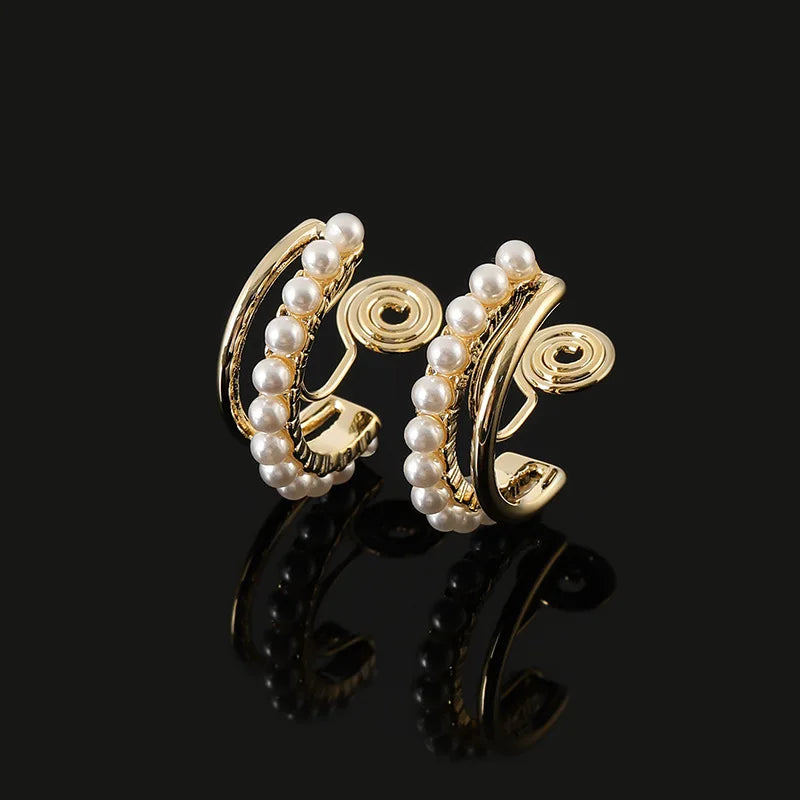 Elegant Korean C-Shaped Pearl Rhinestone Alloy Hoop Stud & Clip On No Piercing Jewelry Earrings