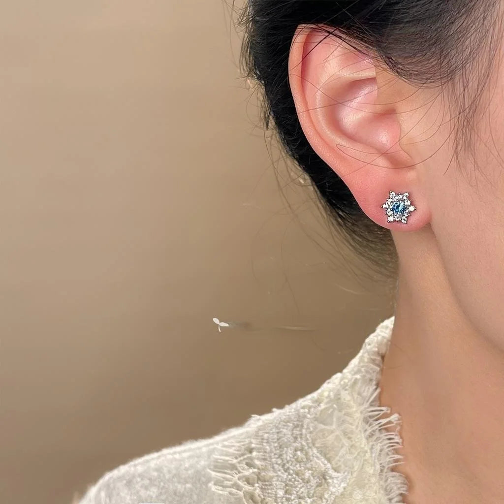 Light Luxury Blue Zircon Snowflake Star Stud Earrings Silver Plated Christmas Jewelry