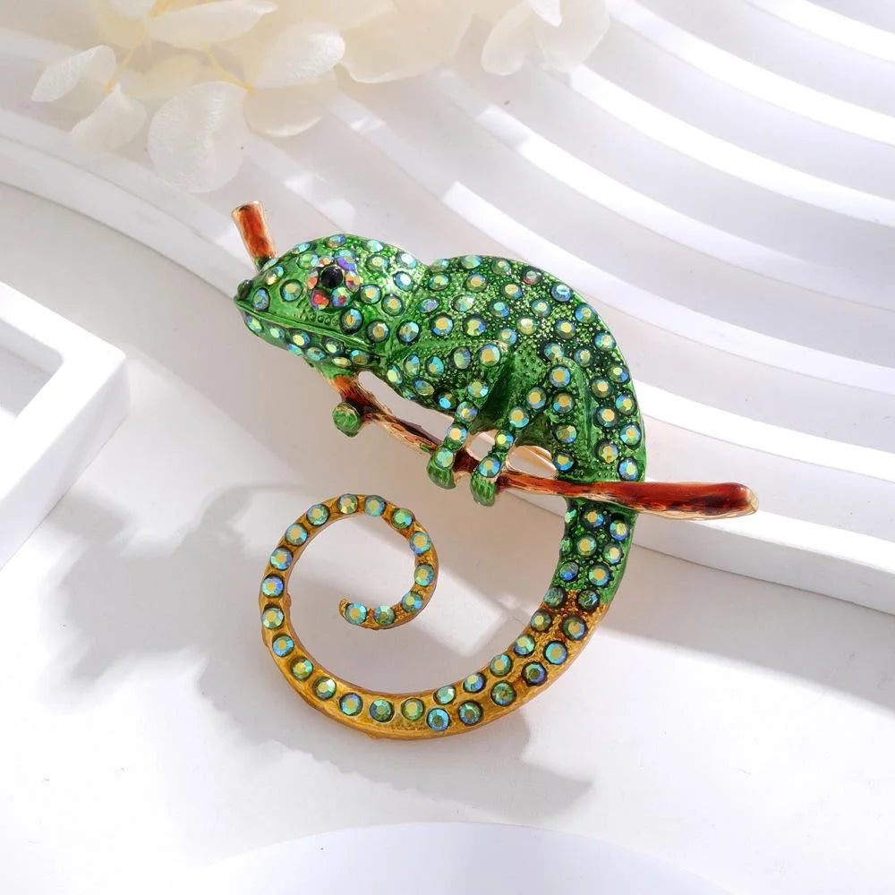 Luxury Colorful Enamel Chameleon On Branch Brooch With Rhinestones, Animal Lizard Lapel Pin Gift