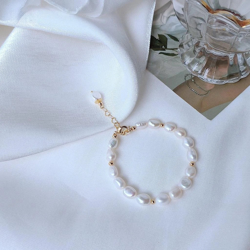 14K Gold Plated Natural Freshwater Pearl Braided Teardrop Bracelet For Women