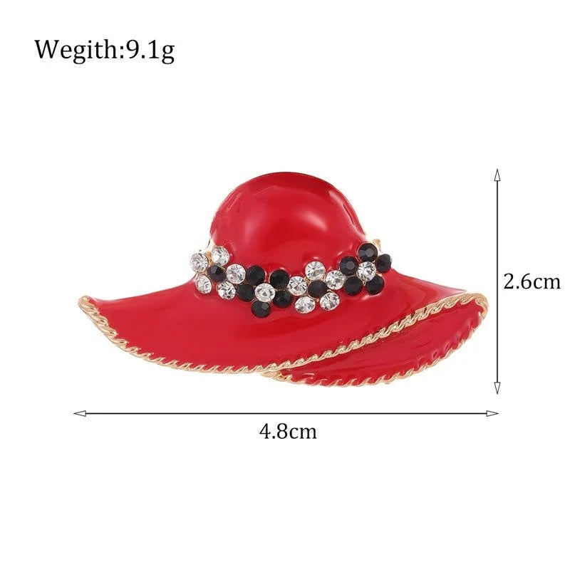 Elegant Red Enamel Beach Hat Brooch With Rhinestones, Alloy Lapel Pin Corsage For Women's Coats