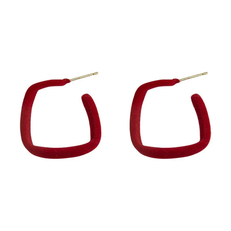 Burgundy Flocked Copper Geometric Ring Square Drop Earrings Vintage Hong Kong Style