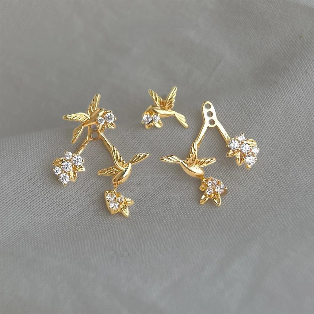Multi Wear Flying Bird Zircon Copper Stud Earrings, Chic Niche Floral Animal Design