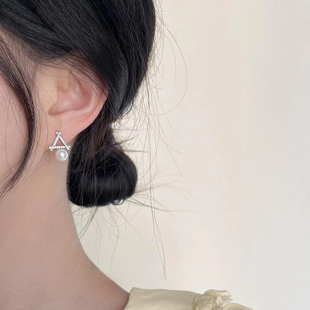 Elegant Geometric Glass Pearl Stud Earrings Copper Micro Pave Zircon Hollow Triangle Design