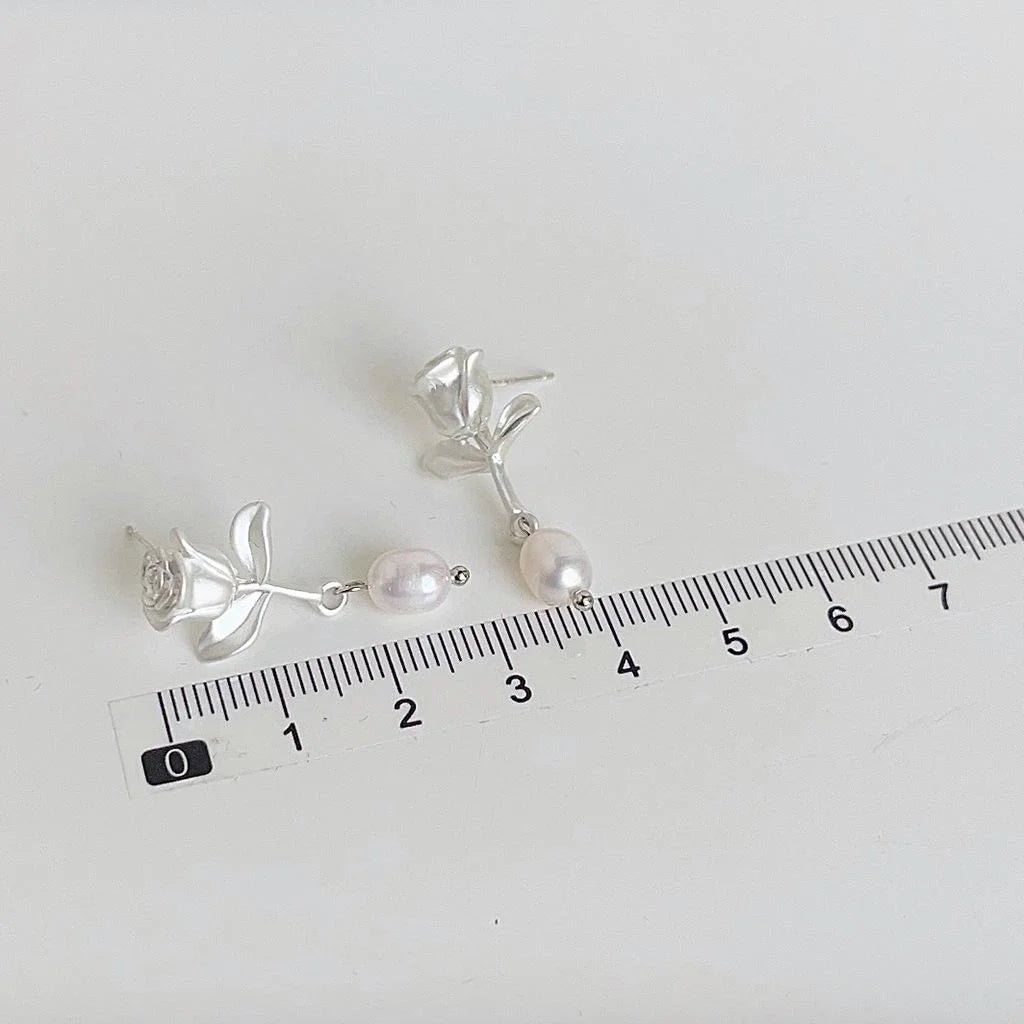 Handmade Rose Flower Stud Earrings With Freshwater Pearl, Matte Silver Plated Copper Luxury Jewelry