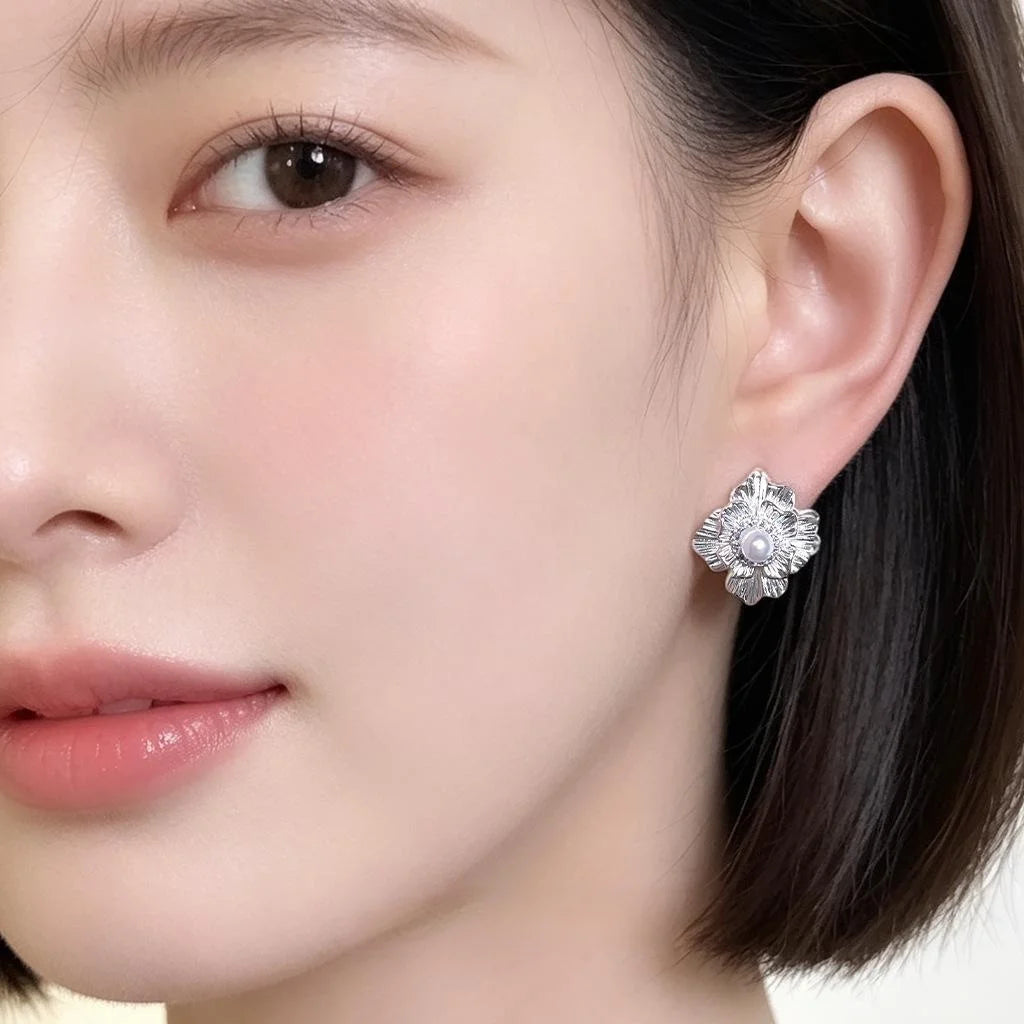 Silver Plated Copper Micro Pave Zircon 3D Flower Stud Earrings For Women New Chinese Style