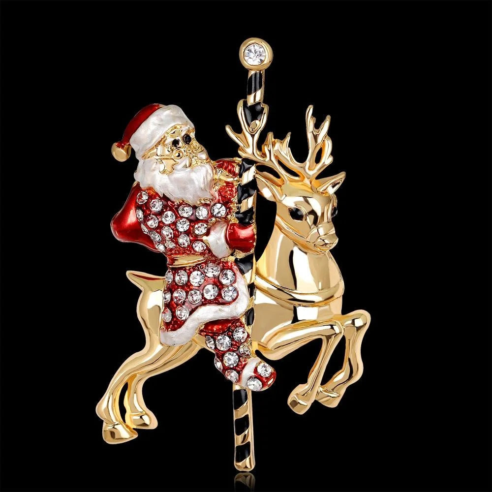 Luxury Christmas Santa Claus And Reindeer Rhinestone Enamel Alloy Brooch, Festive Lapel Pin Corsage Gift