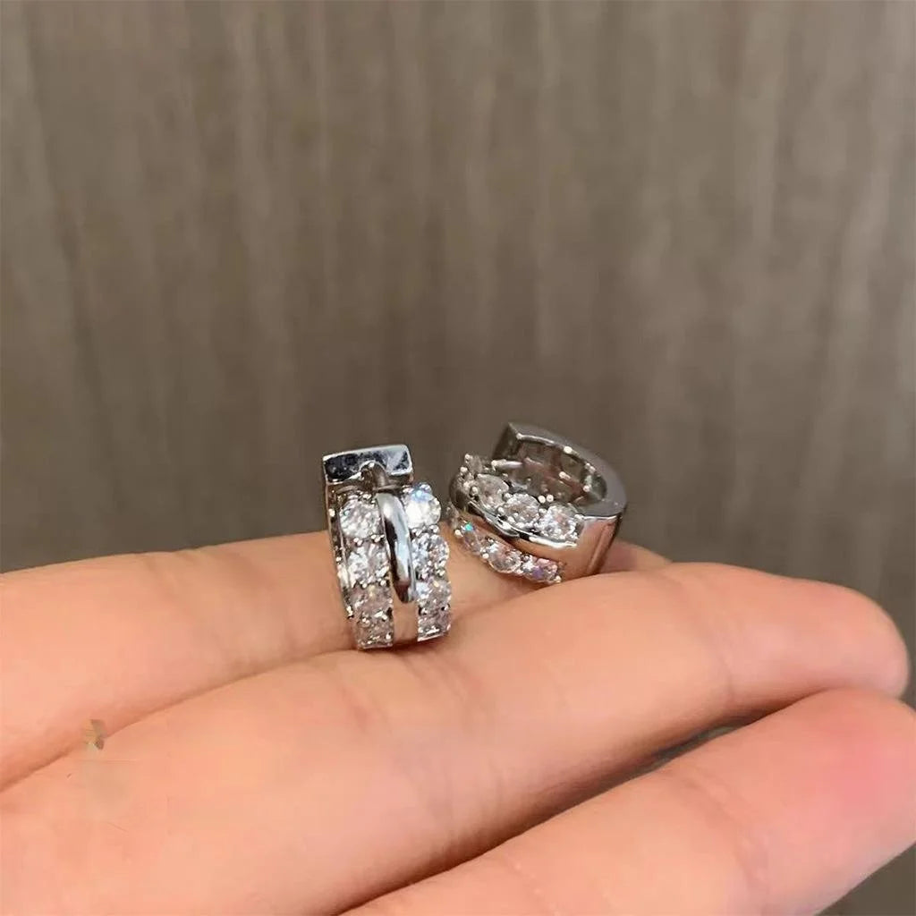 Minimalist Copper Micro Pave Zircon Double Row Geometric Hoop Drop Earrings