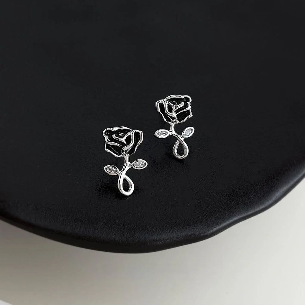Black Rose Hand Painted Copper Zircon Micro Pave Mini Flower Stud Earrings Luxury Style