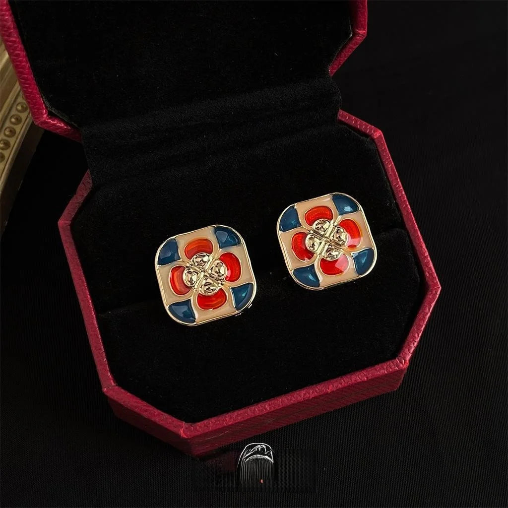 14K Plated Copper Rose Geometric Enamel Stud Earrings Vintage Tibetan Ethnic Style