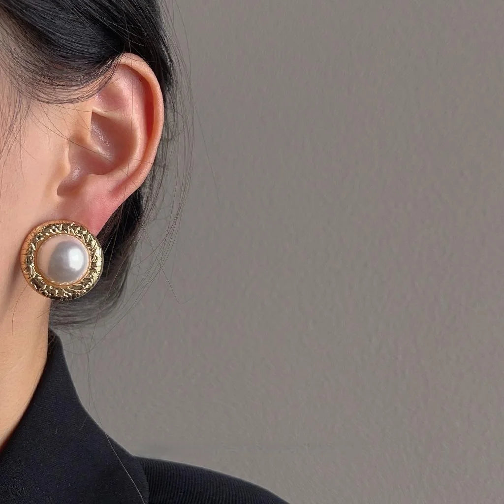 Hong Kong Vintage Round Geometric Pearl Stud Earrings 14K Plated Eco Copper