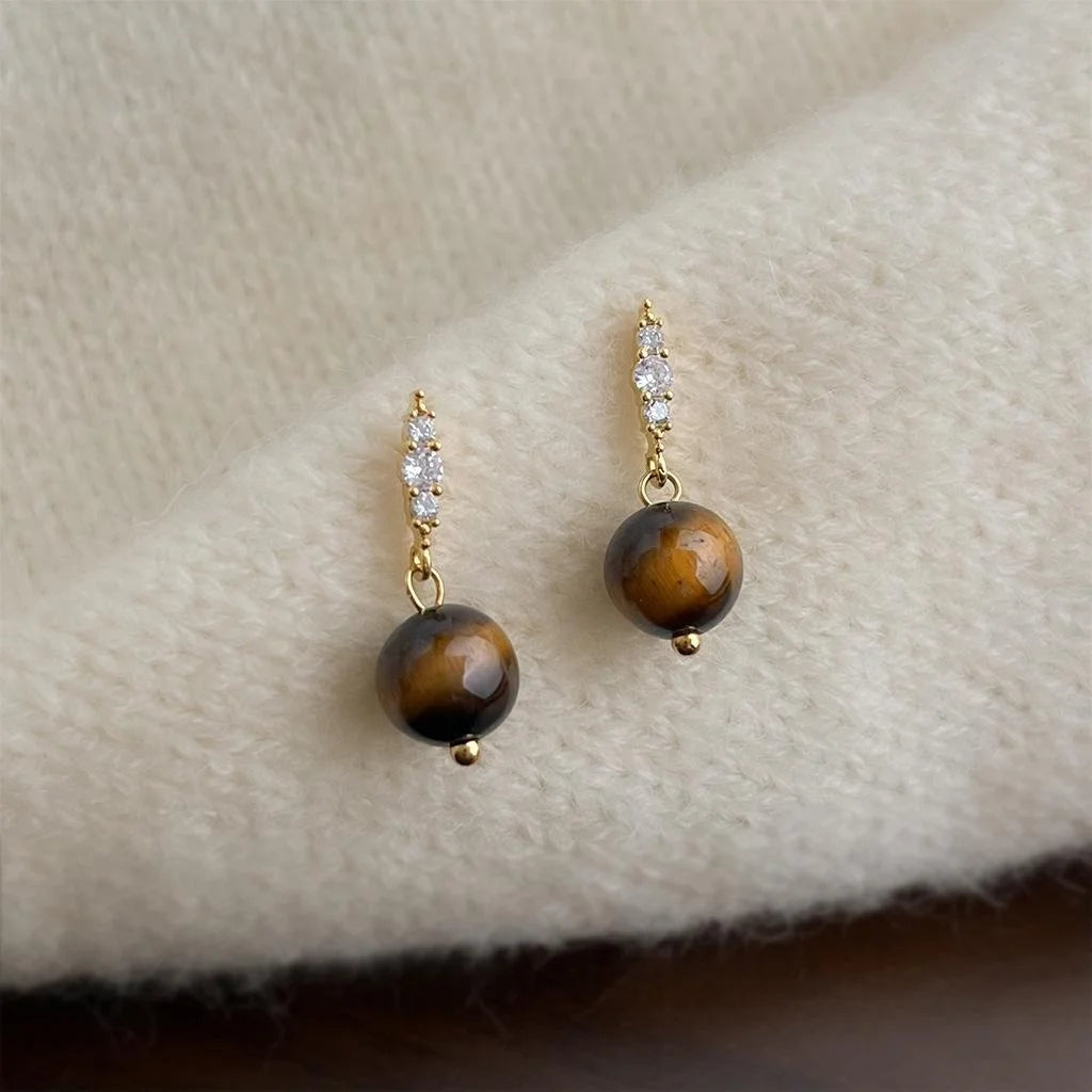 Natural Tiger Eye Zircon Geometric Round Drop Earrings Vintage Maillard Style for Women