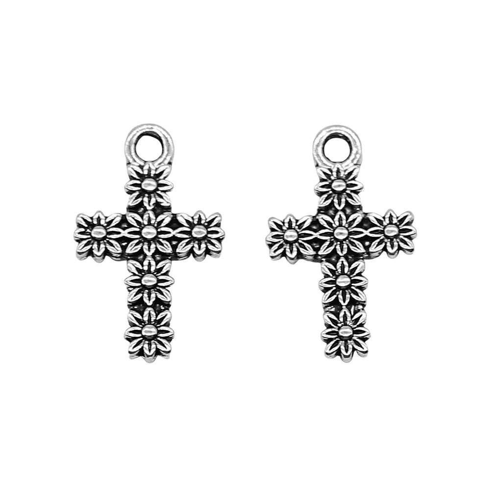 11x18mm 0.6g Antique Silver Zinc Alloy Flower Cross Charm Pendant for DIY Bracelet Necklace Making