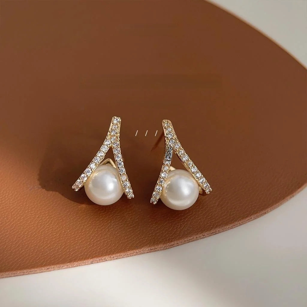 Eco-Friendly Copper Pearl Zircon Cross Drop Earrings Light Luxury Geometric Commuter Jewelry