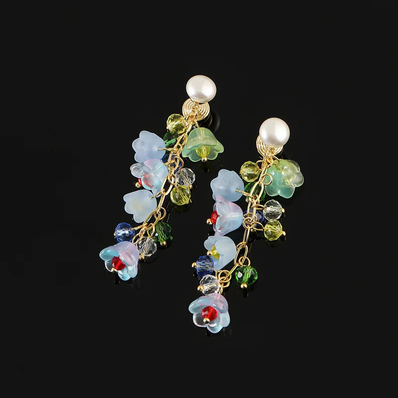 Elegant Lily Of The Valley Flower Pearl Crystal Alloy Tassel Stud & Clip On No Piercing Earrings