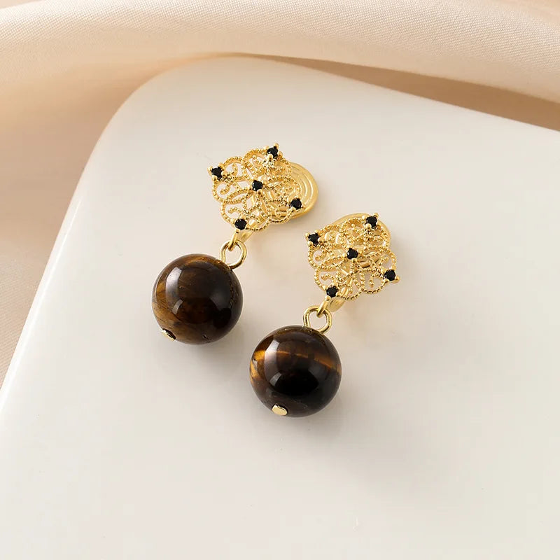 Vintage Luxury Gold Alloy Filigree Disc With Black Rhinestone Tiger Eye Bead Drop Stud & Clip On No Piercing Earrings