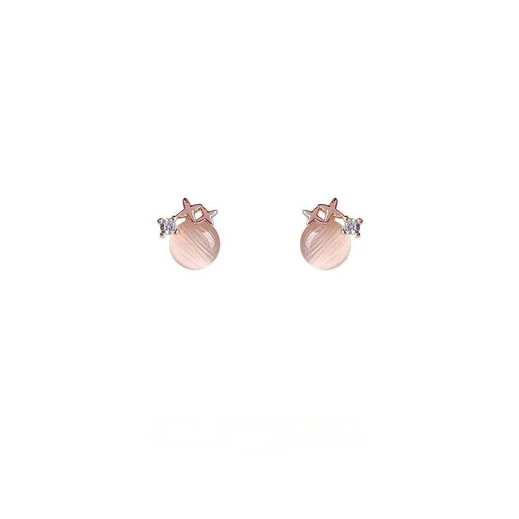 Rose Gold Plated Copper Glass Cat Eye Star Zircon Mini Stud Earrings Cute Pink Versatile Jewelry
