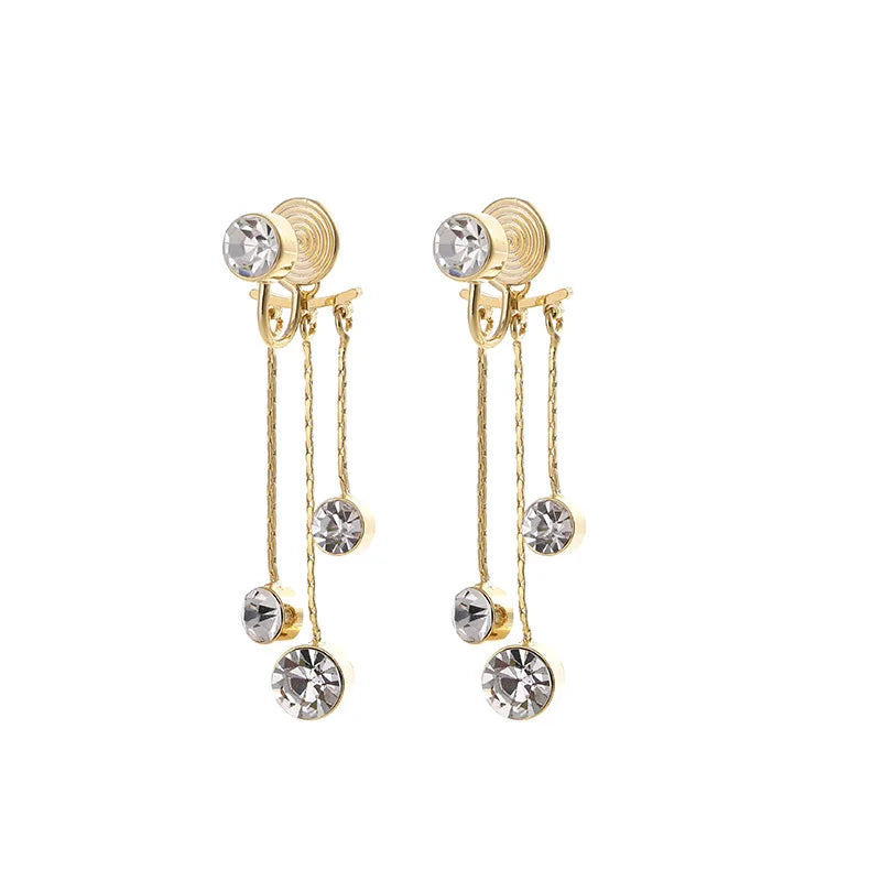 Elegant Rhinestone Spiral Alloy Chain Tassel Stud & Clip On No Piercing Back Hanging Earrings