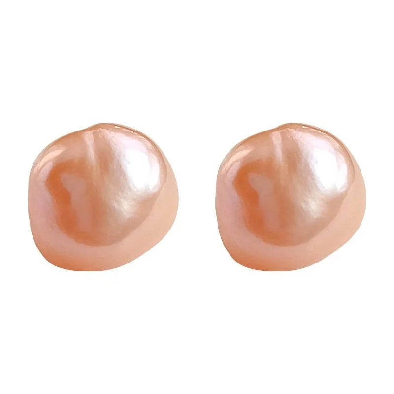 Light Luxury Baroque Pink Freshwater Pearl Stud Earrings, Irregular Geometric Single Pearl Design